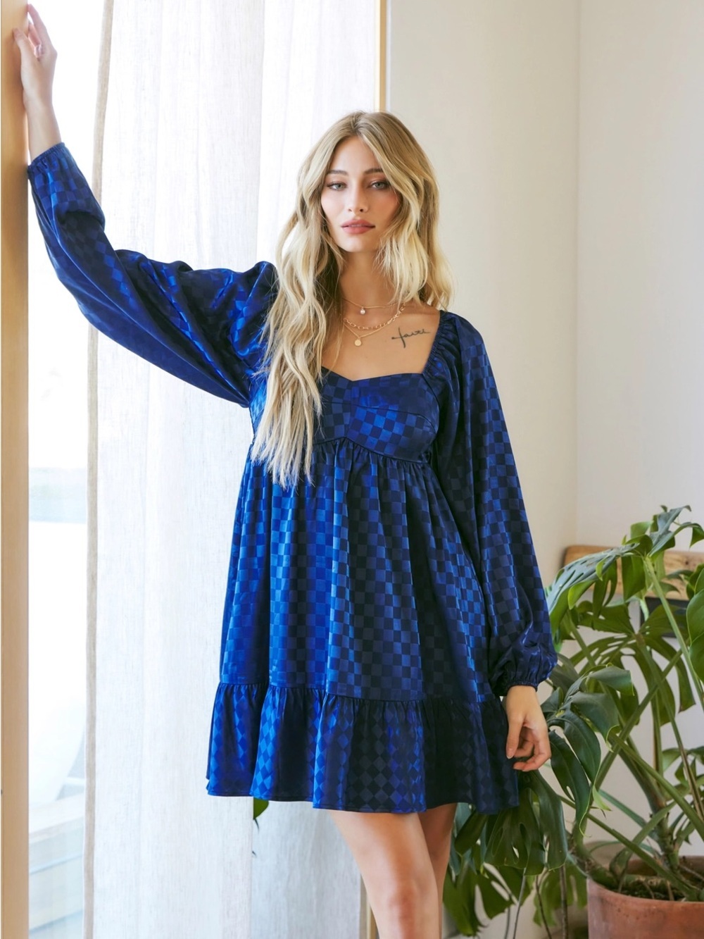 NWT Shimmering Chic Satin Checker Babydoll Mini Dress - Blue